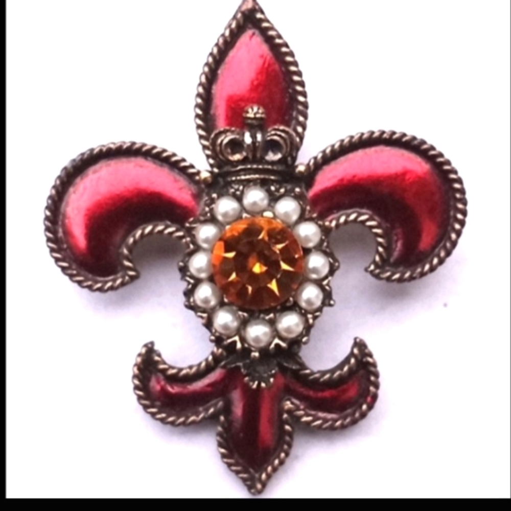 VINTAGE Weiss Jeweled Enameled Regal Fleur de Lis Brooch Pin